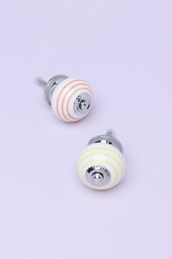 g decor Handcrafted & Handpainted Striped Ceramic Door Knobs White Base Cupboard Pull Handles In Pink And Yellow Pink