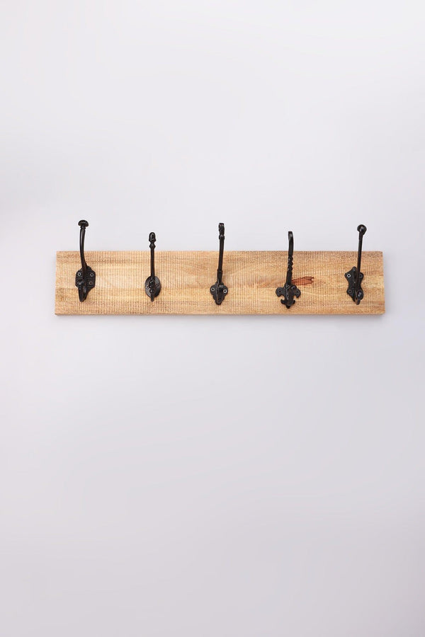 G Decor Handcrafted Reclaimed Wood & Cast Iron Wall Rack – 5-Hook Vintage Coat & Hat Hanger Brown