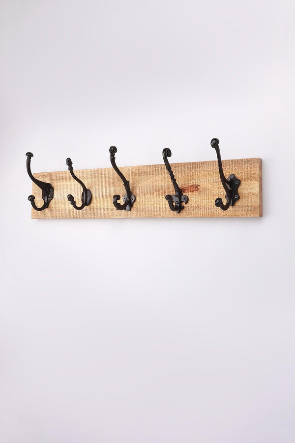 g decor Handcrafted Reclaimed Wood & Cast Iron Wall Rack – 5-Hook Vintage Coat & Hat Hanger Brown