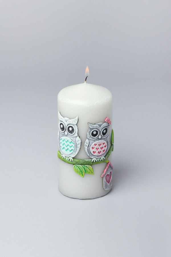 G Decor Handmade Hootique Owl Couple Candle Grey Owls With Wide Eyes Ball