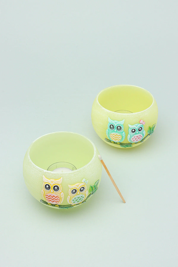 G Decor Handmade Hootique Owl Couple Tealight Holder Yellow & Green Owls In Chubby Cuteness Yellow