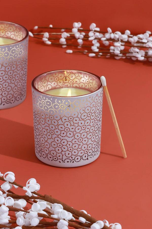 G Decor Havana Pair Scented Fresh Moso Bamboo Soy Wax Textured Pink Glass Jars