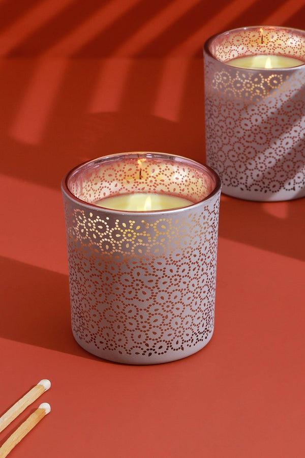 G Decor Havana Pair Scented Fresh Moso Bamboo Soy Wax Textured Pink Glass Jars