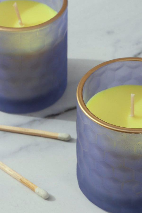 G Decor Havana Pair Scented Sandalwood Soy Wax Textured Purple Blue Glass Jars