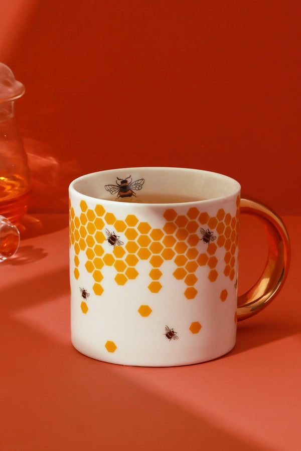 g decor Honeycomb Buzz Gold Mug Gold Handle Ceramic Cup White
