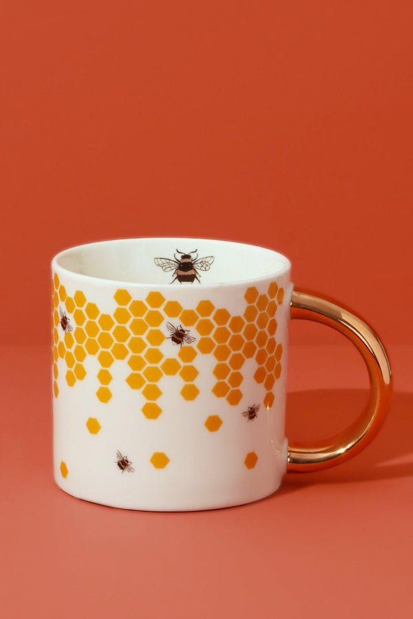 G Decor Honeycomb Buzz Gold Mug Gold Handle Ceramic Cup White