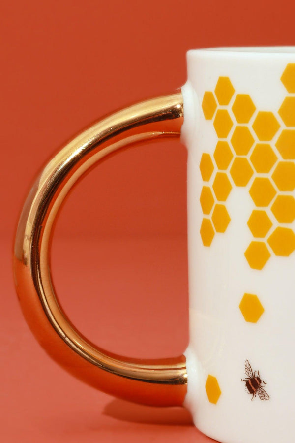 G Decor Honeycomb Buzz Gold Mug Gold Handle Ceramic Cup White