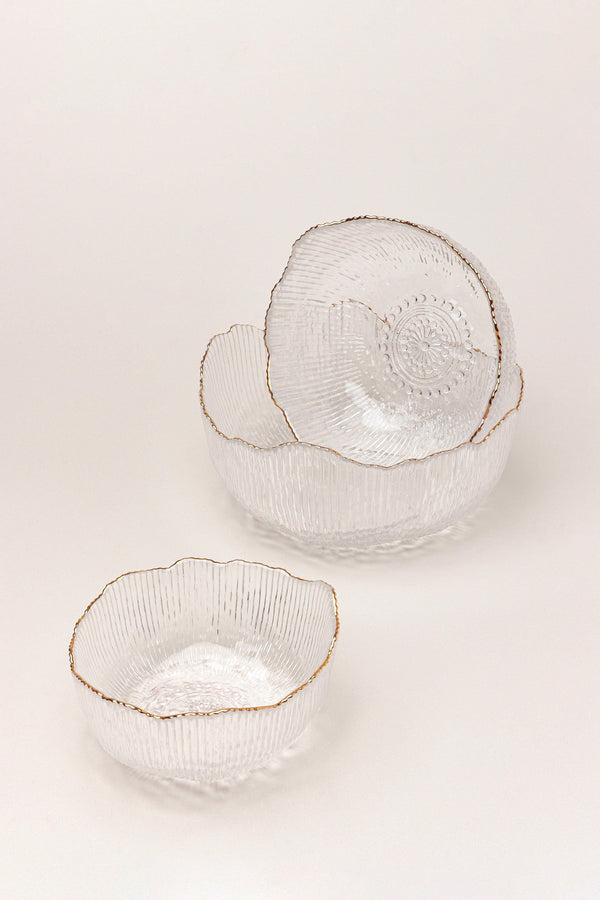 G Decor Large Calypso Irregular Transparent Clear Pressed Glass Gold Rim Serving Bowls Table Bowl