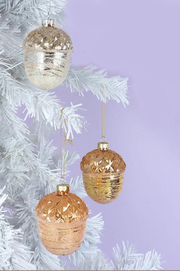 g decor Large Glass Acorn Christmas Bauble Ornament Glamorous Tree Decoration in Gold Rose Gold & Silver Silver
