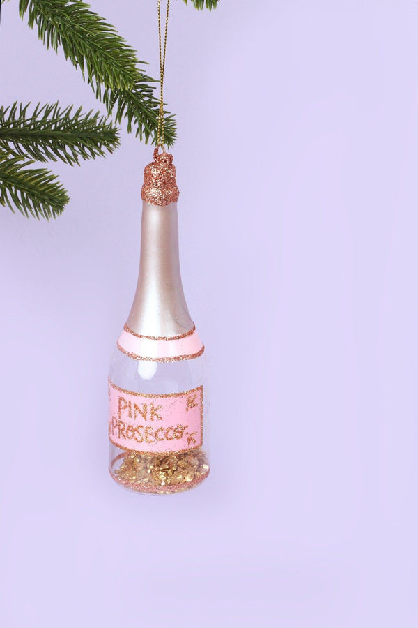 g decor Large Pink Prosecco Celebration Bottle Handpainted Hanging Ornament Sparkling Tree Bauble with Gold Flakes Decoration Pink