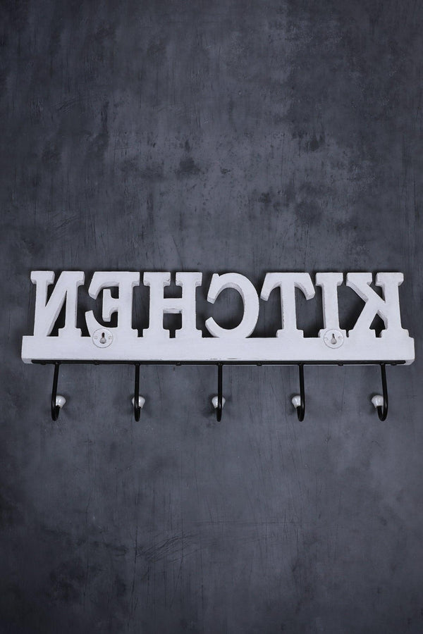 G Decor Large Wall-Mounted Kitchen Hook Rack Rustic White Lettered Towel & Utensil Holder