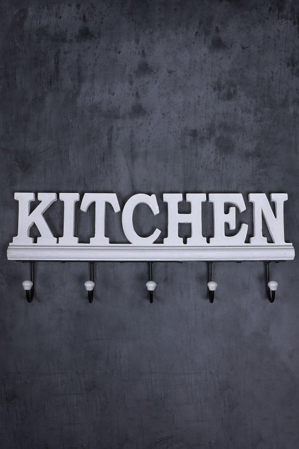 G Decor Large Wall-Mounted Kitchen Hook Rack Rustic White Lettered Towel & Utensil Holder