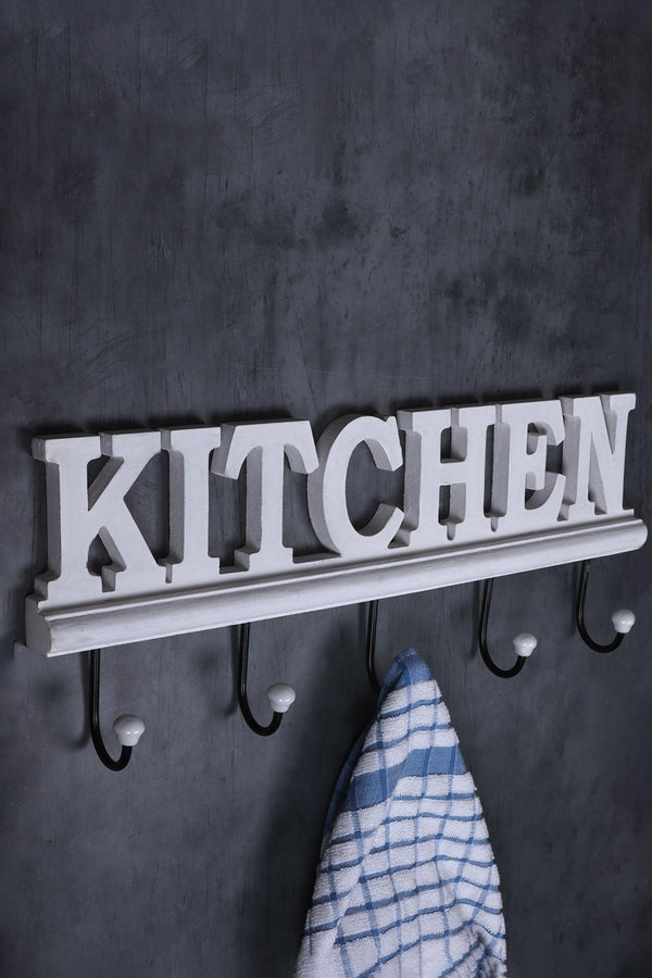 g decor Large Wall-Mounted Kitchen Hook Rack Rustic White Lettered Towel & Utensil Holder