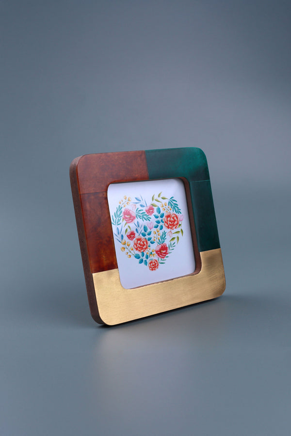 G Decor Lucca Handcrafted Photo Frame Vintage Green Rich Brown & Aged Brass Inlay Picture Display Small