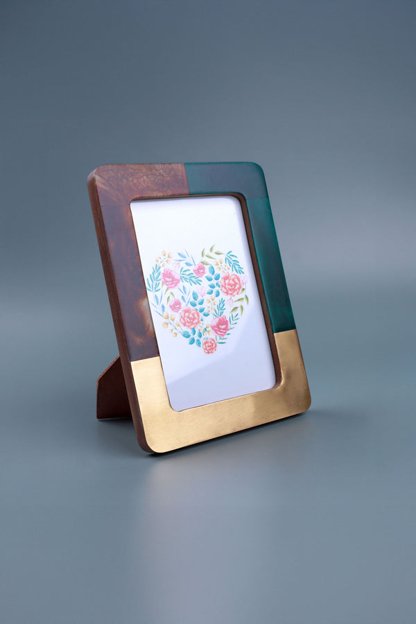 G Decor Lucca Handcrafted Photo Frame Vintage Green Rich Brown & Aged Brass Inlay Picture Display Small