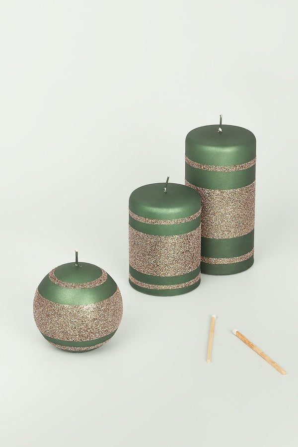 g decor Matte Finish Clarae Limited Edition Hand-Finished Green & Gold Stripe Glitter Pillar & Ball Candles Ball