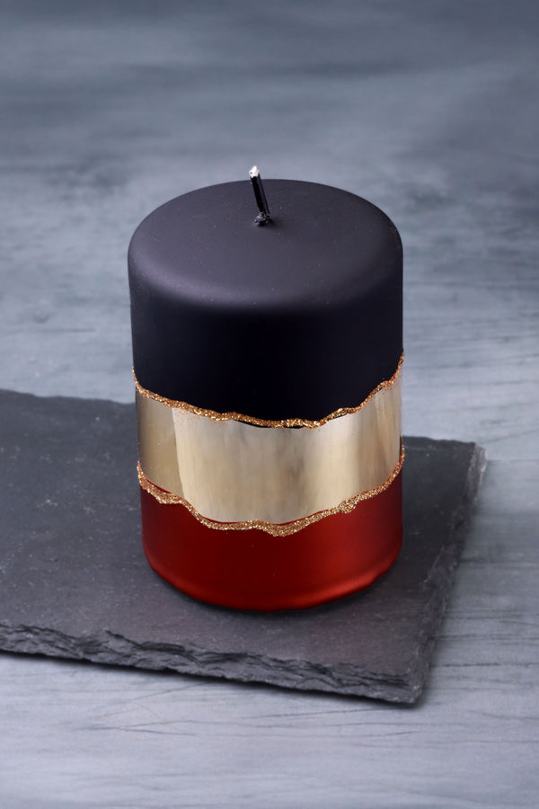 G Decor Midnight Mirror Glass Effect Limited Edition Hand-Finished Pillar Candle – Matte Black Deep Red & Mirror Gold Embellishment Small
