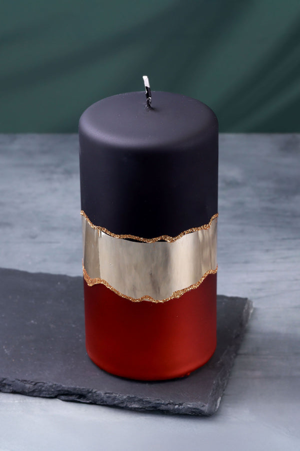 G Decor Midnight Mirror Glass Effect Limited Edition Hand-Finished Pillar Candle – Matte Black Deep Red & Mirror Gold Embellishment Small