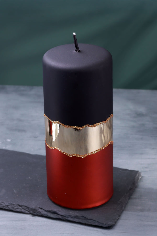 G Decor Midnight Mirror Glass Effect Limited Edition Hand-Finished Pillar Candle – Matte Black Deep Red & Mirror Gold Embellishment Small
