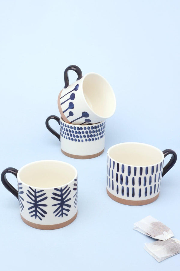 g decor Milo Set of 4 Handcrafted Ceramic Mugs Large Cups with Blue Brushstroke Design Blue
