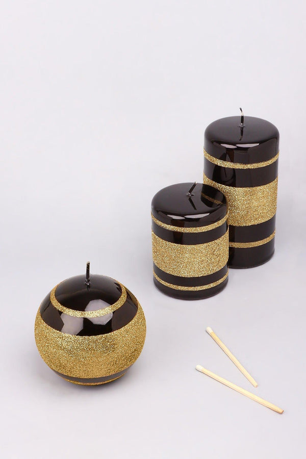 G Decor Mirror Glass Effect Clarae Limited Edition Hand-Finished Black & Gold Stripe Glitter Pillar & Ball Candles Ball