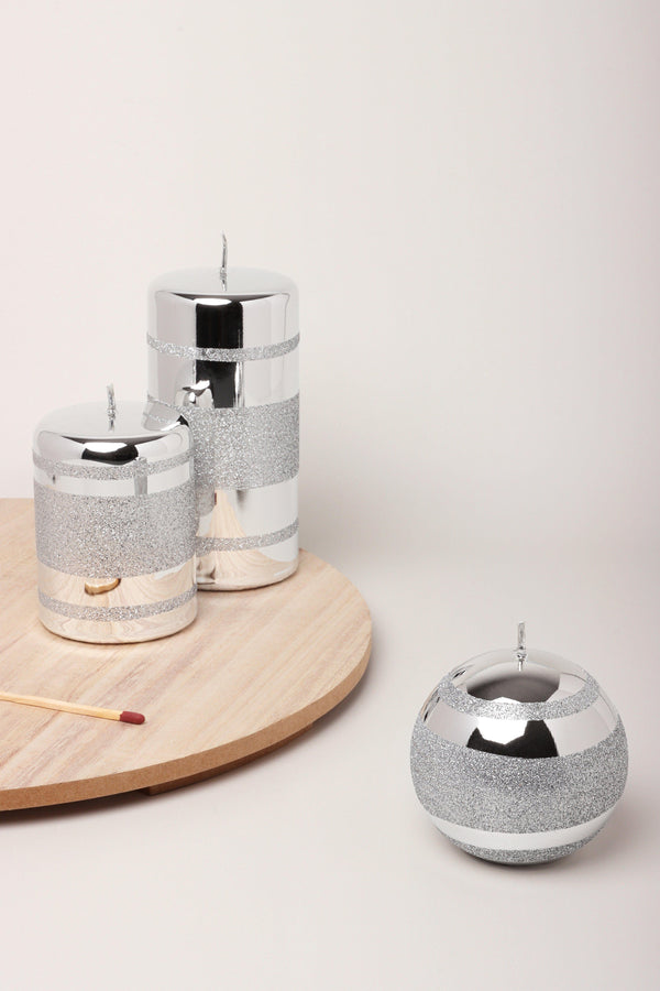 G Decor Mirror Glass Effect Clarae Limited Edition Hand-Finished Silver Stripe Glitter Pillar & Ball Candles Ball