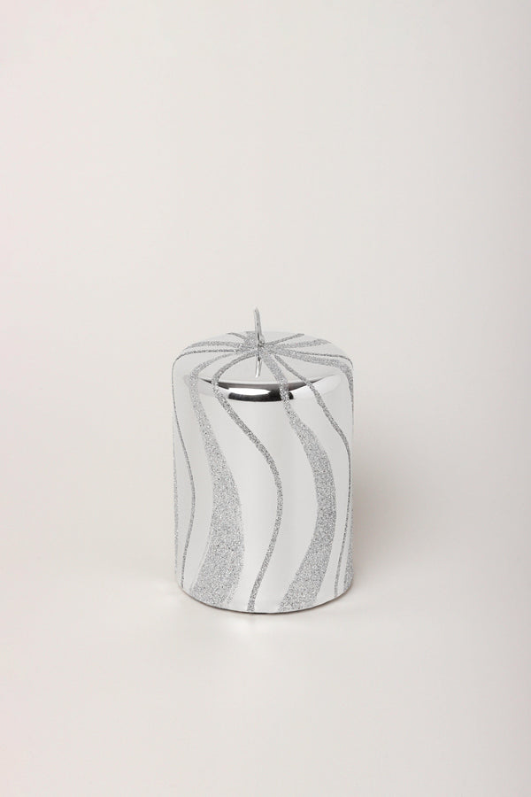 G Decor Mirror Glass Effect Limited Edition Hand-Finished Silver Swirl Glitter Pillar & Ball Candles Ball