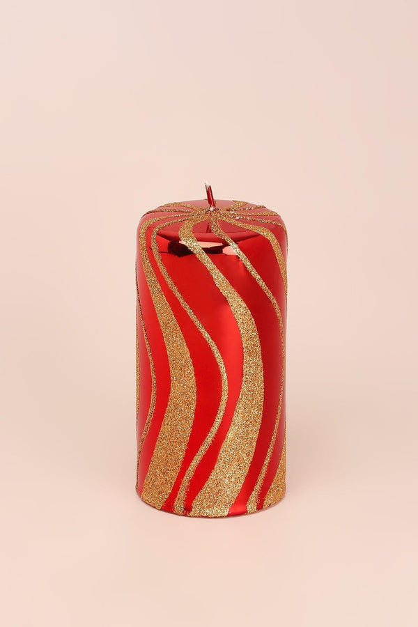 G Decor Mirror Glass Effect Limited Edition Hand-Finished Red & Gold Swirl Glitter Pillar & Ball Candles Ball