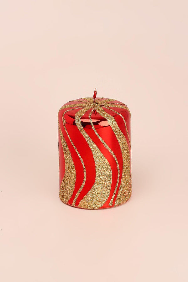 G Decor Mirror Glass Effect Limited Edition Hand-Finished Red & Gold Swirl Glitter Pillar & Ball Candles Ball
