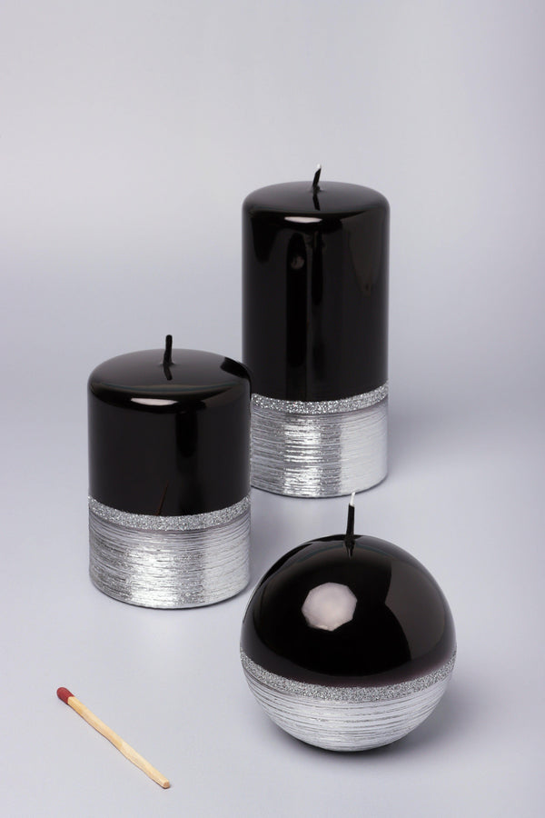 g decor Mirror Glass Effect Limited Edition Hand-Finished Two-Tone Black Onyx & Silver Pillar & Ball Candles Ball