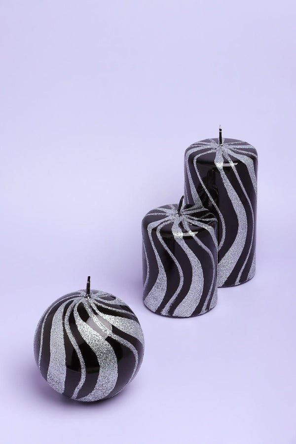 G Decor Mirror Glass Effect Limited Edition Hand-Finished Black & Silver Glitter Pillar & Ball Candles Ball