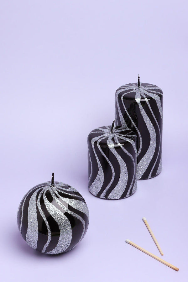 g decor Mirror Glass Effect Limited Edition Hand-Finished Black & Silver Glitter Pillar & Ball Candles Ball