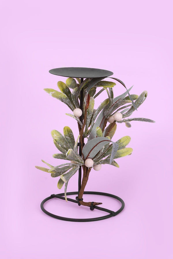 G Decor Mistletoe Pillar Candle Holder Tall Festive Centrepiece With Frosted Leaves & Berries Green