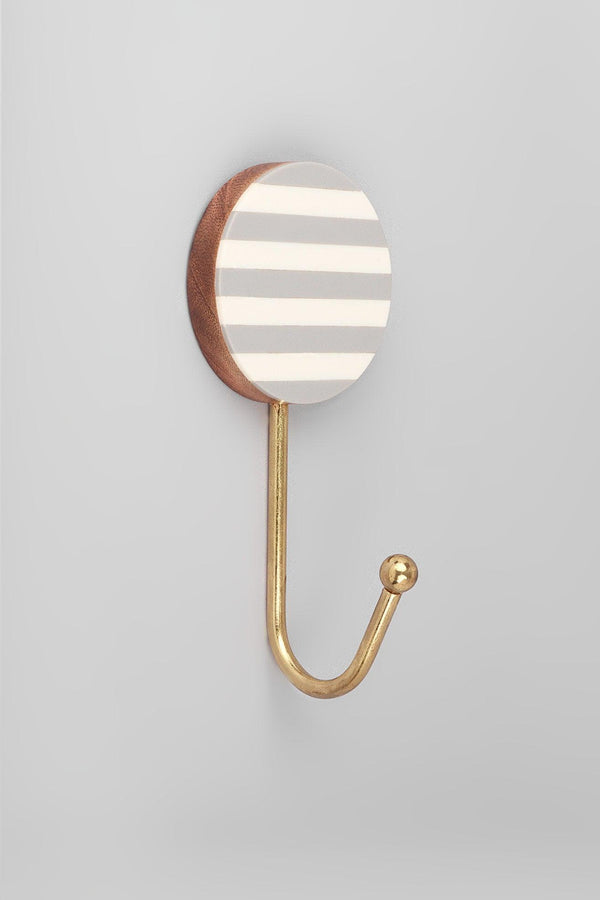 G Decor Modern Zebra Stripe Wall Hook White Grey & Brass Round Coat Hanger Grey