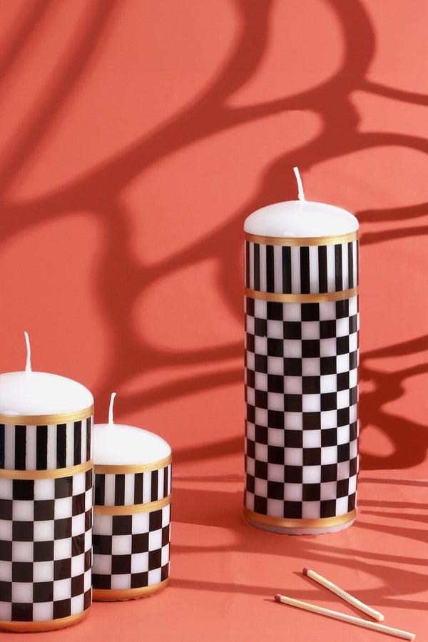 g decor Monochrome Check Luxe Pillar Candle Black & White with Gold Accent Small Pillar