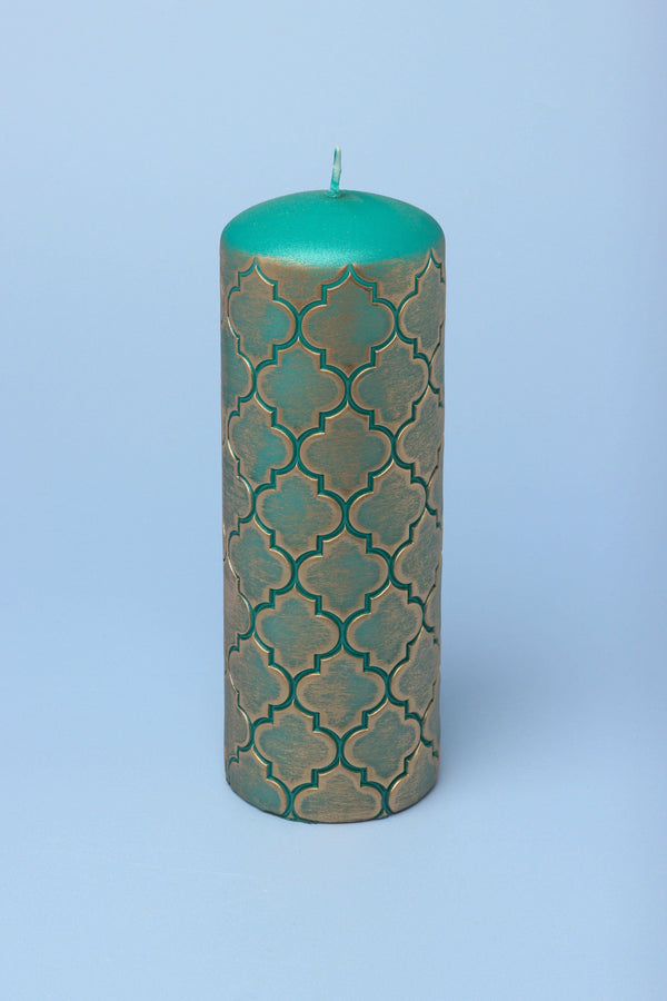 G Decor Moroccan Kanz Pressed Brass Emerald Lattice Jewel Green Pillar Candle Small