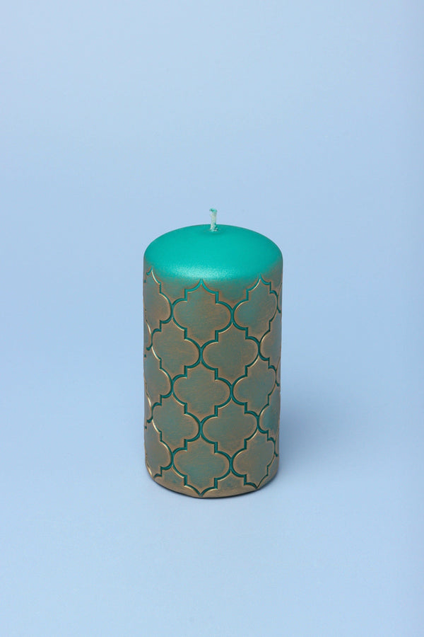 G Decor Moroccan Kanz Pressed Brass Emerald Lattice Jewel Green Pillar Candle Small