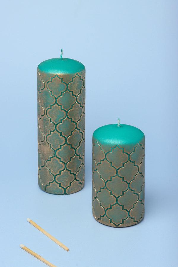 g decor Moroccan Kanz Pressed Brass Emerald Lattice Jewel Green Pillar Candle Small