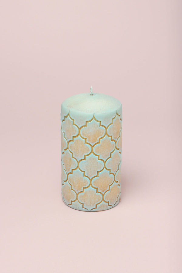 G Decor Moroccan Kanz Pressed Brass Pastel Lattice Pillar Candle – Blush Pink Or Mint Green Green
