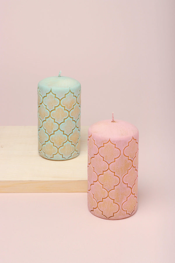 g decor Moroccan Kanz Pressed Brass Pastel Lattice Pillar Candle – Blush Pink or Mint Green Green