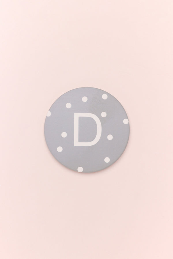G Decor Neutral Pastel Polka Dot Monogram Coaster Personalised Alphabet Initial Letter Ceramic With Cork Base Grey