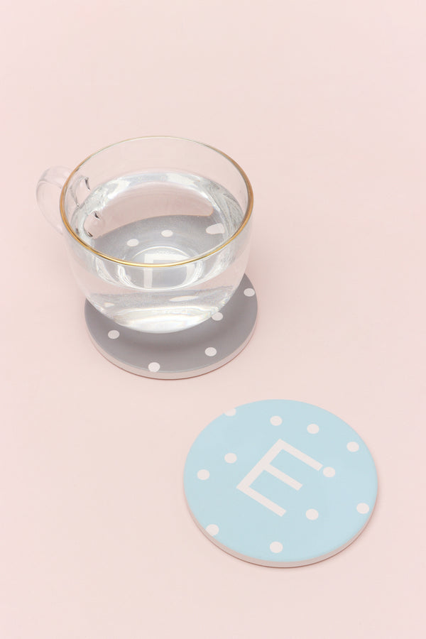 g decor Neutral Pastel Polka Dot Monogram Coaster Personalised Alphabet Initial Letter Ceramic with Cork Base Grey
