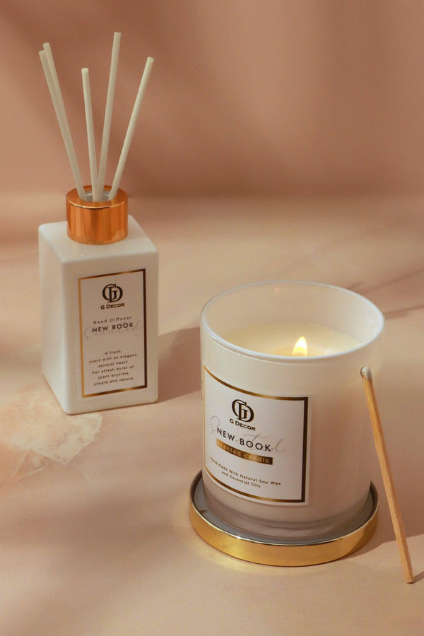 G Decor “New Book” Signature Hand-Poured Soy Wax Candle & Diffuser Gift Set Fresh Floral Scent In White & Gold White