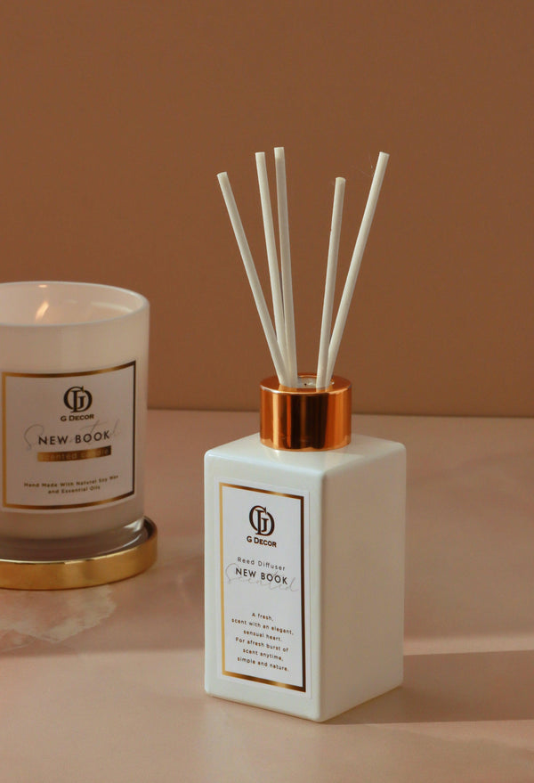 G Decor “New Book” Signature Hand-Poured Soy Wax Candle & Diffuser Gift Set Fresh Floral Scent In White & Gold White
