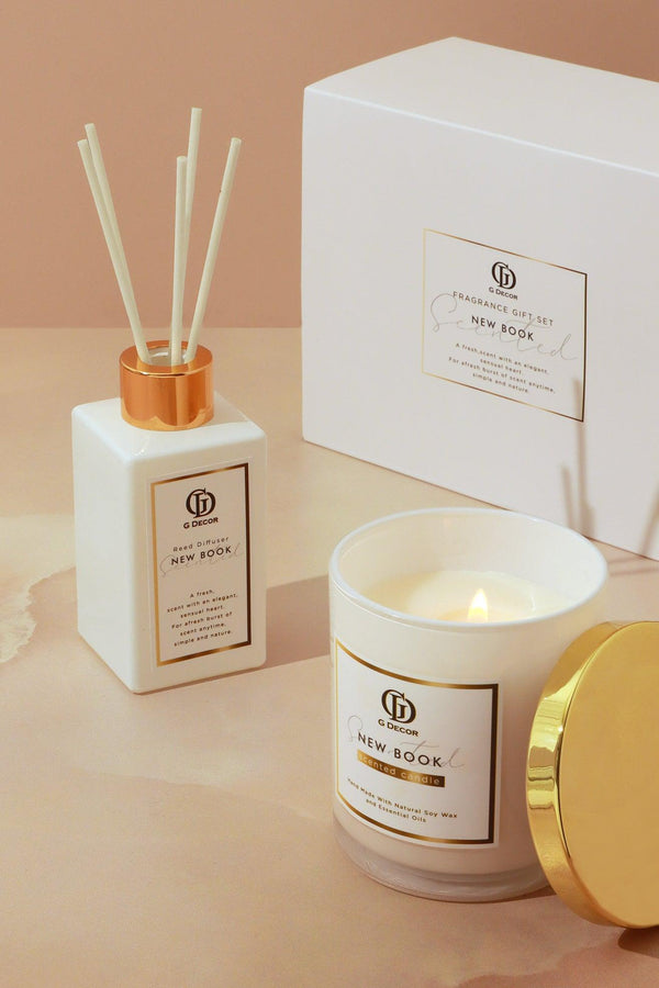g decor “New Book” Signature Hand-Poured Soy Wax Candle & Diffuser Gift Set Fresh Floral Scent in White & Gold White