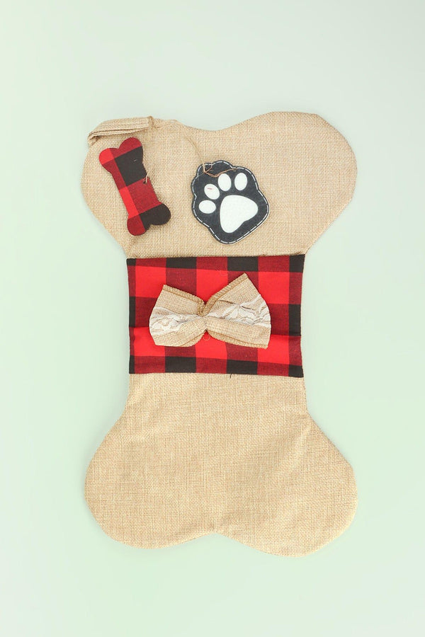 G Decor Pawfect Surprise Treat Stocking Eco-Friendly Natural Cream Jute & Red Check Playful Bone Gift Bag For Dogs