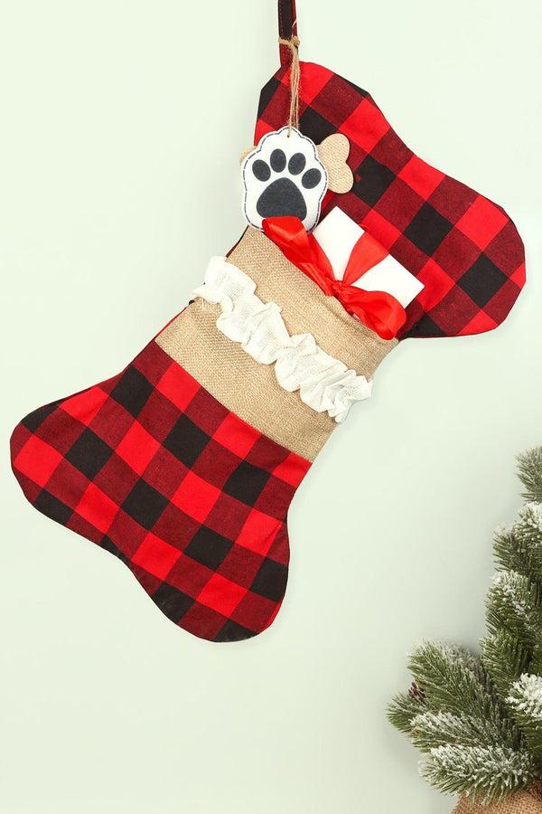 g decor Pawfect Surprise Treat Stocking Eco-Friendly Red Check Cotton Bone Gift Bag for Dogs Red