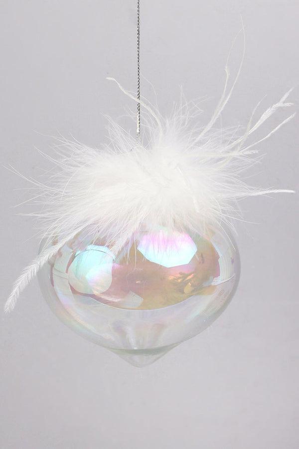 G Decor Pearlescent Glass Christmas Tree Ornaments With White Feather Detail Elegant Hanging Baubles Ball