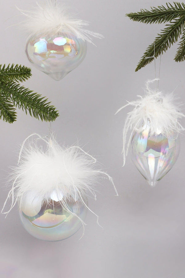 g decor Pearlescent Glass Christmas Tree Ornaments with White Feather Detail Elegant Hanging Baubles Ball
