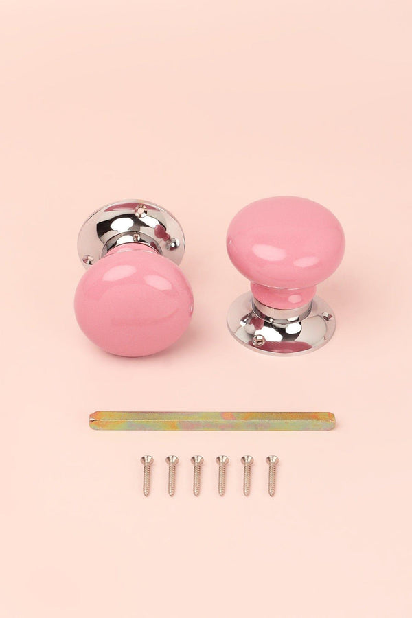 G Decor Perfect Edit Pink Set Of Handcrafted Ceramic Mortice Door Handles Internal Turning Knobs For Bedroom & Room Doors With Chrome Base Pink